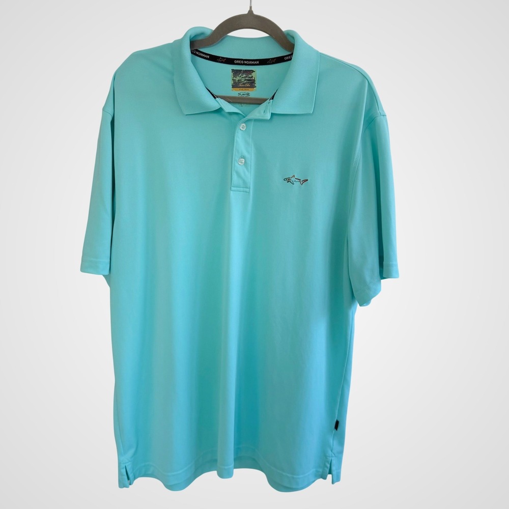 Greg Norman Mens‎ Aqua Blue Golf Polo Shirt -Shark Logo -Play Dry- Size XL